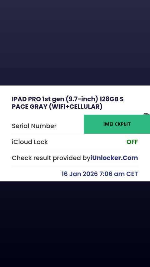 iPad Pro — успешная разблокировка iCloud, 16 янв 2026
